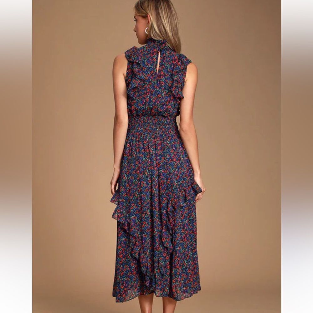 Lulus Evalina Navy Blue Floral Print Mock Neck Midi Dress - Picture 2 of 5